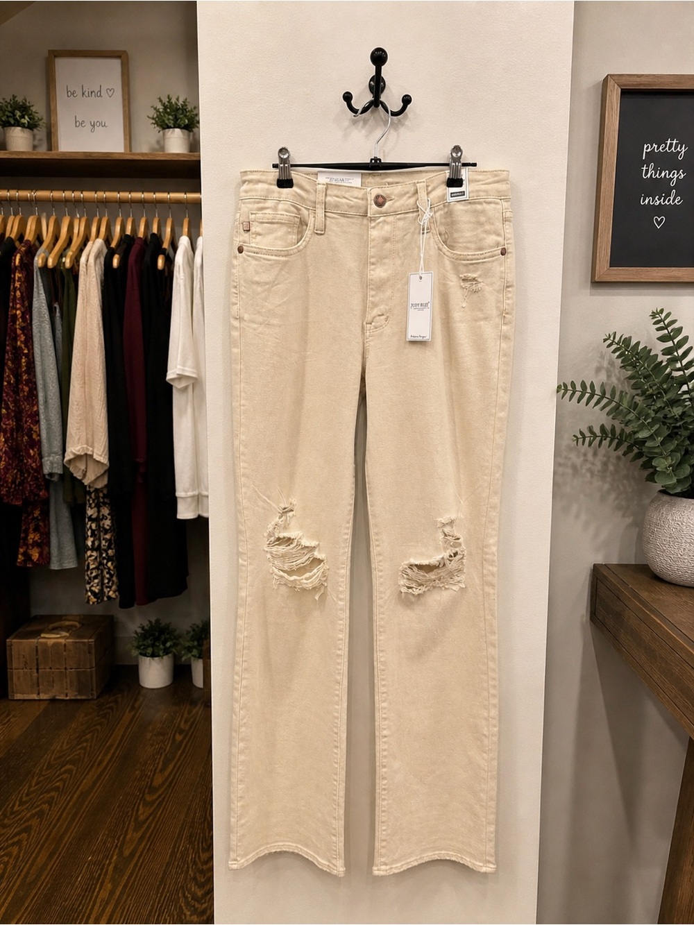 Judy Blue Tan Distressed Straight Leg Jeans Neutral Denim NWT